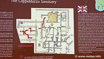 A sign explains the complex architectural remains of the various periods in this area called the Cappiddazzu sanctuary. The oldest remains date back to the 7th century BC, the last building was a byzantine church which has been demolished to excavate the area. A sign explains the complex architectural remains of the various periods in this area called the Cappiddazzu sanctuary. The oldest remains date back to the 7th century BC, the last building was a byzantine church which has been demolished to excavate the area.